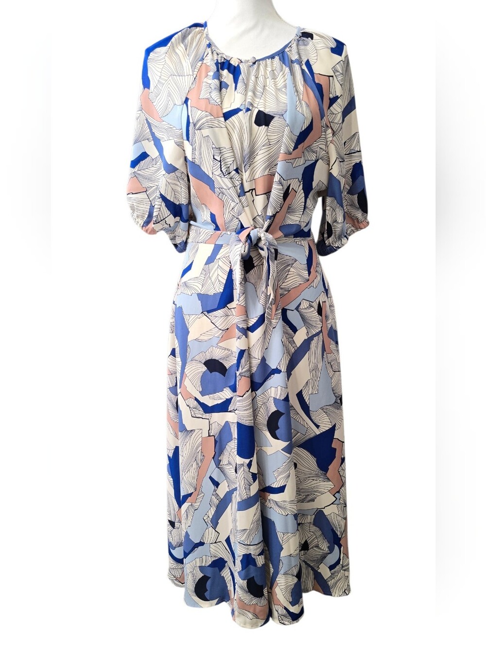 Alfani Tie-Front Midi Dress Abstract Print Blue & Pink Large Like New
